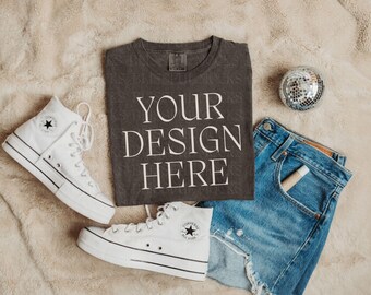 Comfort Colors 1717 Mockup, Comfort Colors Pepper Mockup, Aesthetic Comfort Colors Pepper T shirt Flat Lay, Trendy Folded Shirt Mockup