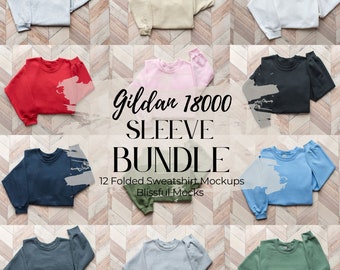 May include: Twelve folded Gildan 18000 sweatshirts in various colors, including red, pink, black, blue, green, and gray. The sweatshirts are folded and laid out on a wooden surface with a chevron pattern. The text "Gildan 18000 Sleeve Bundle" and "12 Folded Sweatshirt Mockups" is displayed on the image.