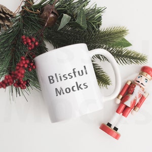 Blank White Christmas Coffee Glass Cup Mockup - Styled Stock Photography, Holiday Mug Photo Digital Design Mock Up, Christmas Mug Mockup