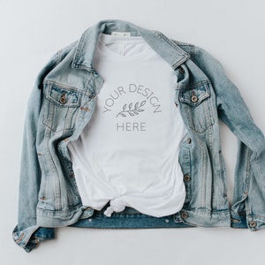 Bella Canvas White T Shirt Mockup With Jean Jacket |  Bella Canvas 3001 Mockup | White T-shirt mockup |  | Simple Flat Lay Mockup