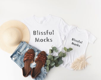 Mommy and Me Bella Canvas 3001 White and 100B White T-shirt Mockup,  Family Tshirt Mock Up, Onesie Mockup,  Mom and Baby Bella Canvas Mockup