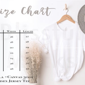Bella Canvas Size Chart | Bella Canvas 3001 Size Chart | 3001 Size Chart /Unisex T Shirt Size Guide | Flat Lay Size Chart for Bella Canvas
