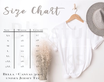 Bella Canvas Size Chart | Bella Canvas 3001 Size Chart | 3001 Size Chart /Unisex T Shirt Size Guide | Flat Lay Size Chart for Bella Canvas