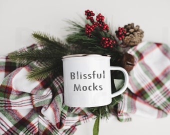 Julmuggmodell, lägereldsmuggmodell, tom vit 340 g emaljmugg i lägereldsstil, stockbilder, kaffemuggmodell, digital JPG