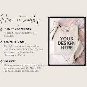 May include: A digital tablet displaying a beige sweatshirt with the text "YOUR DESIGN HERE" on a wooden background. The text "How it works" is visible on the left side of the image.
