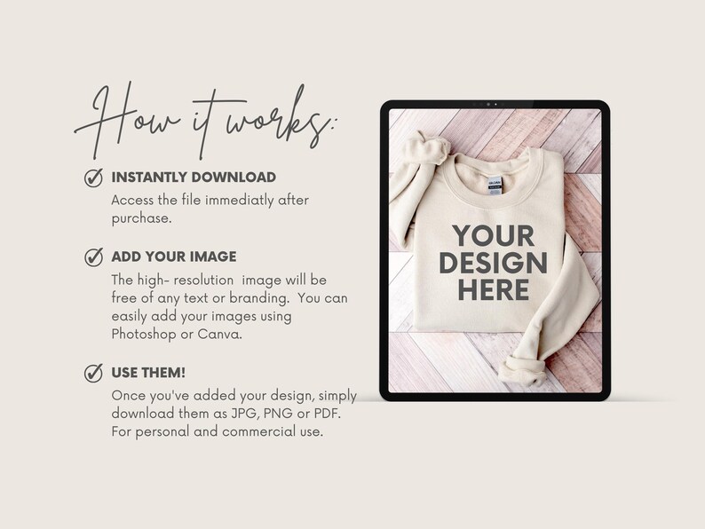May include: A digital tablet displaying a beige sweatshirt with the text "YOUR DESIGN HERE" on a wooden background. The text "How it works" is visible on the left side of the image.