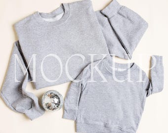 Mommy and Me Gildan 18000 Sweatshirt Mockup, Mom and Toddler Crewneck Sweatshirt Mockup, 18000  Sport Grey and Rabbit Skins 3317 Mockup