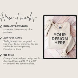 May include: A digital mockup of a beige sweatshirt with the text "YOUR DESIGN HERE" on a wooden background. This is a digital product for use in graphic design and can be customized with your own design.