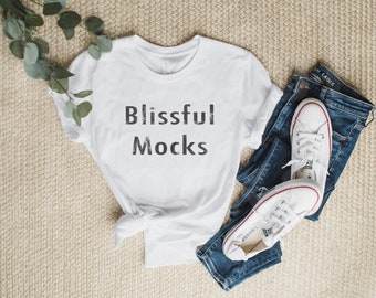 Bella Canvas 3001 Mockup | Bella Canvas White T Shirt Mockup | White T Shirt Mockup | Flat Lay Mockup | Tied T Shirt Mockup | Blissful Mocks
