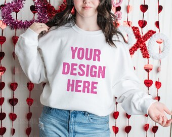 Valentines Day Mockup, Gildan 18000 White Sweatshirt, Sweatshirt Mockup, Model Mockup