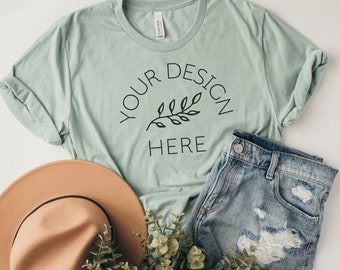 Bella Canvas Mockup, 3001 Mockup , Bella Canvas Dusty Blue T-Shirt Mockup, Flat Lay Mockup, Bella Canvas Boho Style T Shirt Flat Lay Mockup