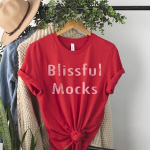 May include: A red t-shirt with the text "Blissful Mocks" in white, hanging on a wooden hanger. A tan hat, a denim jacket, and a cream-colored sweater are also visible on the rack. Green foliage is in the background.