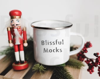 Julmuggmodell, lägereldsmuggmodell, tom vit 340 g emaljmugg i lägereldsstil, stockbilder, kaffemuggmodell, digital JPG
