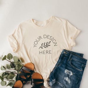 Bella Canvas 3001 Cream Shirt- Boho Mockup -Flat lay Mockup - Cream Shirt Mockup - Mockup T Shirt Gildan - Bella Canvas Mockup -
