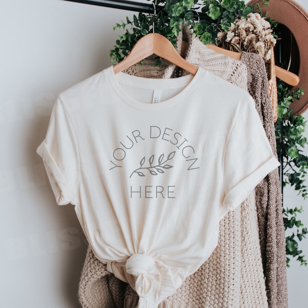 Hanging T Shirt Mockup | Bella Canvas 3001 Soft Cream | Boho Mockup