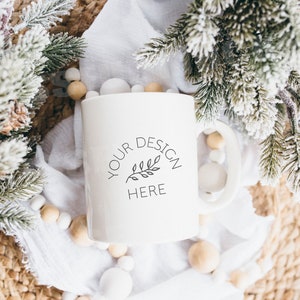Blank White Christmas Coffee Glass Cup Mockup - Styled Stock Photography, Holiday Mug Photo Graphic Design Mock Up, JPG Digital Download