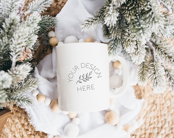 Blank White Christmas Coffee Glass Cup Mockup - Styled Stock Photography, Holiday Mug Photo Graphic Design Mock Up, JPG Digital Download