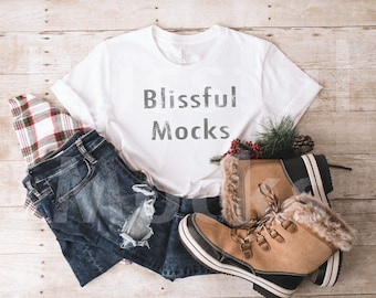 Bella Canvas 3001 Christmas Mockup, Bella Canvas White T Shirt Mockup, T-Shirt bianca Mockup, T-Shirt annodata Mockup, Christmas Mockup, Flat Lay