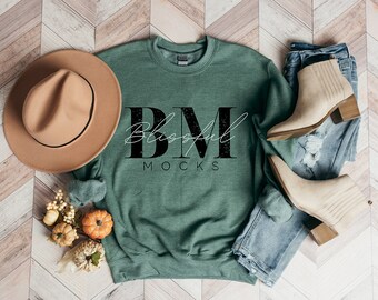 Gildan 18000 Heather Sport Dark Green Mockup, Gildan Sweatshirt Mockup, Gildan Mockup, Fall Sweatshirt Mockup