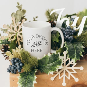 Blank White Christmas Coffee Glass Cup Mockup - Styled Stock Photography, Winter Mug Mock Up, JPG Digital Download - Holiday Mug Mockup