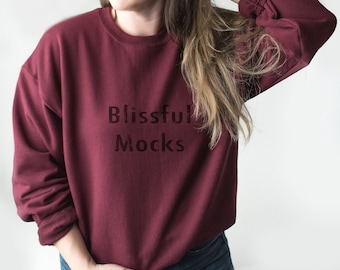 Sweatshirt Mockup - Model Mockup, Gildan 18000 Mockup, Gildan 18000 Maroon Sweatshirt Model Mockup, Sweatshirt Mockup Model,  POD Mockup
