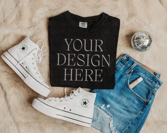 Comfort Colors 1717 Mockup, Comfort Colors Black Mockup, Aesthetic Comfort Colors Black T shirt Flat Lay, Trendy Folded Shirt Mockup