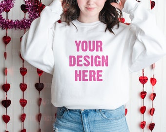 Valentines Day Mockup, Gildan 18000 White Sweatshirt, Sweatshirt Mockup, Model Mockup