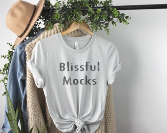 Bella Canvas 3001 Mockup, Bella Canvas 3001 Silver T-Shirt Mockup | Silver Tshirt Mockup | Hanging Mockup | Boho Mockup | 3001 Silver