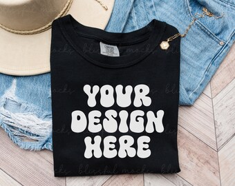 Black Comfort Colors 1717 Mockup Comfort Colors Mocks Folded Shirt Mockup Comfort Colors Black TShirt Mockup Trendy Boho Mockup