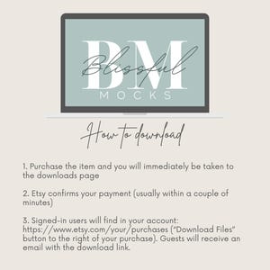 May include: A laptop screen with a light blue background and the text "Blissful Mocks" in white. Below the laptop is a handwritten instruction on how to download digital files from Etsy.