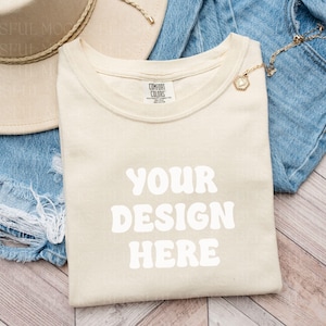 Comfort Colors 1717 Mockup, Comfort Colors Ivory Mockup, Aesthetic Comfort Colors Ivory T shirt Flat Lay, Trendy Folded Shirt Mockup