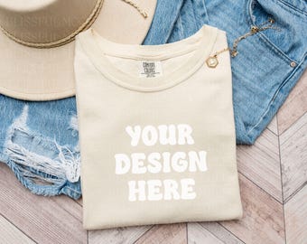 Comfort Colors 1717 Mockup, Comfort Colors Ivory Mockup, Aesthetic Comfort Colors Ivory T shirt Flat Lay, Trendy Folded Shirt Mockup