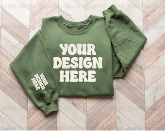 Maquette de sweatshirt, Gildan 18000, maquette de manche, maquette de sweatshirt vert militaire Gildan, maquette de sweatshirt Gildan, sweatshirt plié