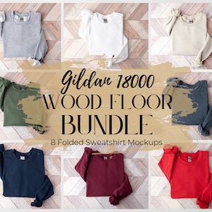 Sweatshirt Mockup Bundle, Gildan 18000 Mockup, Gildan Bundle, Gildan Sweatshirt, Gildan Mockup, Wood Floor Simple Folded Sweatshirt Mockup