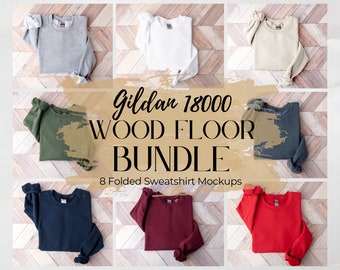 Sweatshirt Mockup Bundle, Gildan 18000 Mockup, Gildan Bundle, Gildan Sweatshirt, Gildan Mockup, Wood Floor Simple Folded Sweatshirt Mockup