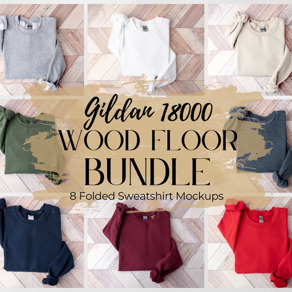 Sweatshirt Mockup Bundle, Gildan 18000 Mockup, Gildan Bundle, Gildan Sweatshirt, Gildan Mockup, Wood Floor Simple Folded Sweatshirt Mockup