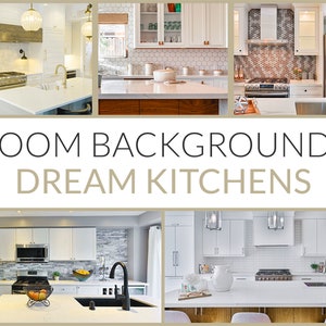 May include: A collage of five images showcasing different kitchen designs. Each image features white cabinets, various backsplash tile patterns, and modern appliances. The text "ZOOM BACKGROUNDS DREAM KITCHENS" is displayed in the center of the collage.