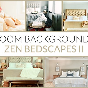 Puede incluir: Un collage de cinco imágenes que muestran diferentes ambientes de dormitorio con camas hechas con sábanas y almohadas blancas. El texto "ZOOM BACKGROUNDS ZEN BEDSCAPES II" se muestra en el centro del collage.