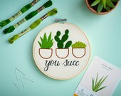 DIY Hand Embroidery Kit With Pattern, You Succ, Funny Embroidery, Embroidery Plants, Succulent House Plants, Modern Embroidery
