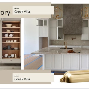 Puede incluir: Interior de cocina con gabinetes blancos, encimera de mármol y herrajes dorados. La imagen incluye un gabinete con puertas abiertas que muestran vajilla y muestras de pintura etiquetadas como "Grecian Ivory", "Greek Villa" y "Shiitake".