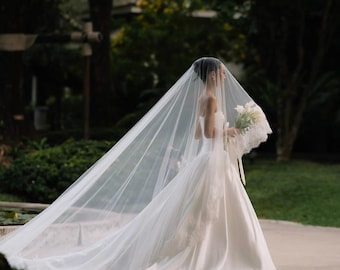 French Lace Cathedral Wedding Veil with Blusher - Milk