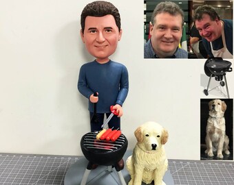 Custom Barbecue Bobblehead Man With Dog, Personalized Father Statues, Personalized Father Figurine, Custom Unique Father's Day Gift Ideas