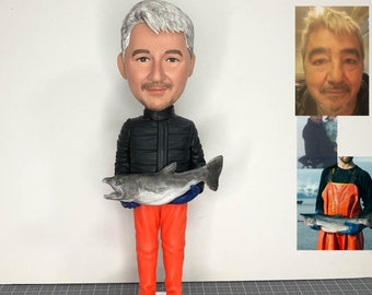 Personalized Fisherman Bobblehead, Custom Catch Fisherman Bobblehead For Father, Personalized Figurine Holding A Fish, Custom Fishing Statue