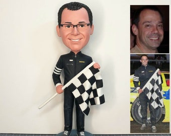 Customized Bobblehead With F1 Chequered Flag, Custom Made Car Racer Bobbleheads, Great Gifts For F1 Racer, Cheap Custom Bobbleheads Race Car