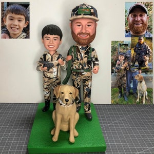 Custom Father and Son Bobbleheads With Dog , Custom Pet Bobbleheads With Father and Son, Custom Military Bobblehead