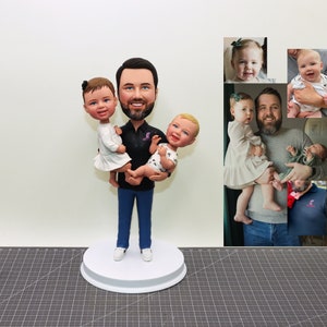 Custom Three-Person Bobbleheads, Custom Bobbleheads Father and Two Babies, Custom Family Sculptures, Custom Wax Figures Parents and Children