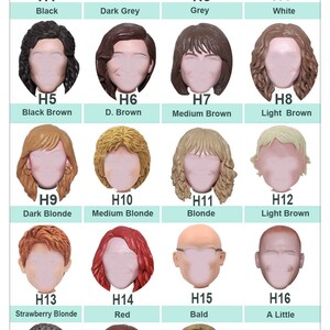 May include: A chart with 19 different hair color options for a doll or action figure. The options include black, dark grey, grey, white, black brown, dark brown, medium brown, light brown, dark blonde, medium blonde, blonde, light brown, strawberry blonde, red, bald, a little, pepper salt, red brown, and dirty blonde.