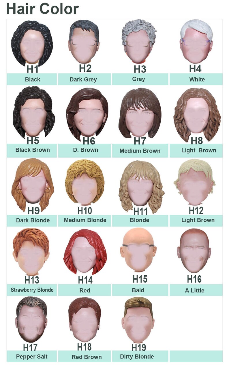May include: A chart with 19 different hair color options for a doll or action figure. The options include black, dark grey, grey, white, black brown, dark brown, medium brown, light brown, dark blonde, medium blonde, blonde, light brown, strawberry blonde, red, bald, a little, pepper salt, red brown, and dirty blonde.