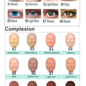 May include: A chart with images of different eye colors and skin tones. The chart is labeled "Eye Color" and "Complexion". The eye colors include black, brown, light brown, gray, blue, light blue, green, and hazel. The skin tones include Asian Skin-1, Asian Skin-2, Redish General, General, pink, Ganeal Tan, Light Tan, Light Tan-2, Light Black, Black, Redish Black, and Dark Black.