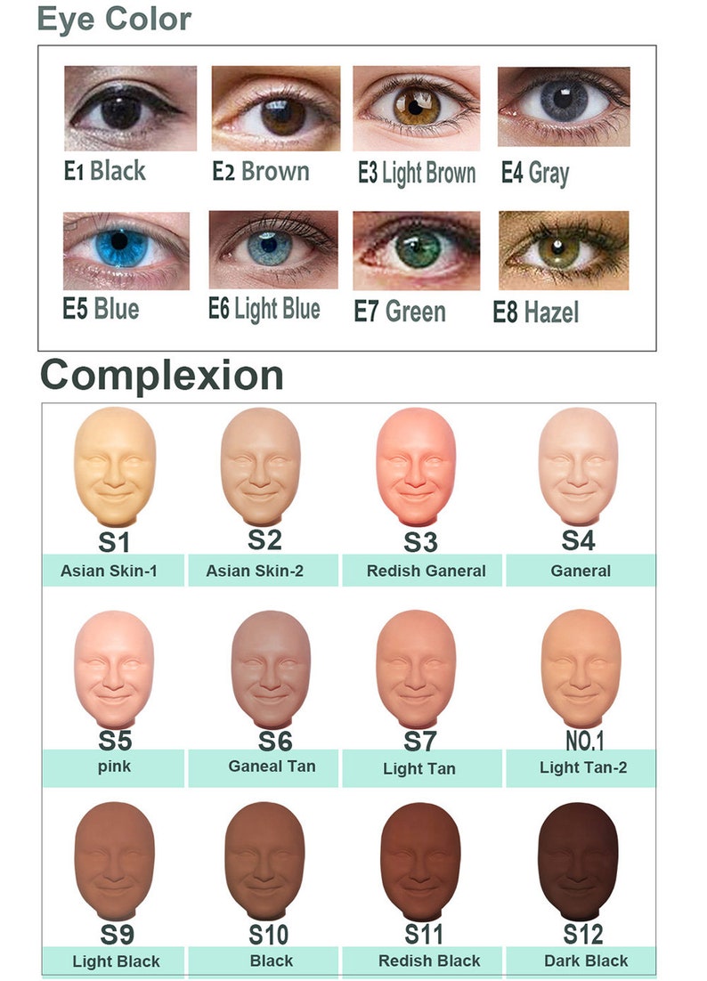 May include: A chart with images of different eye colors and skin tones. The chart is labeled "Eye Color" and "Complexion". The eye colors include black, brown, light brown, gray, blue, light blue, green, and hazel. The skin tones include Asian Skin-1, Asian Skin-2, Redish General, General, pink, Ganeal Tan, Light Tan, Light Tan-2, Light Black, Black, Redish Black, and Dark Black.